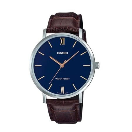 Casio MTP-VT01L-2B Men’s Minimalistic Blue Dial Brown Leather Band Analog Watch