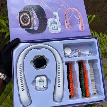 D2000 Ultra 3 Smart Watch with 7 Interchangeable Straps, Rechargeable Neck Fan, and Earbuds