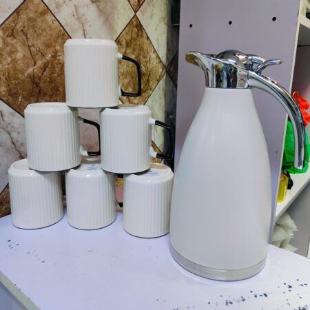 6 Piece Elegant Japanese Concise Mug Set + 2L White Japanese Flask