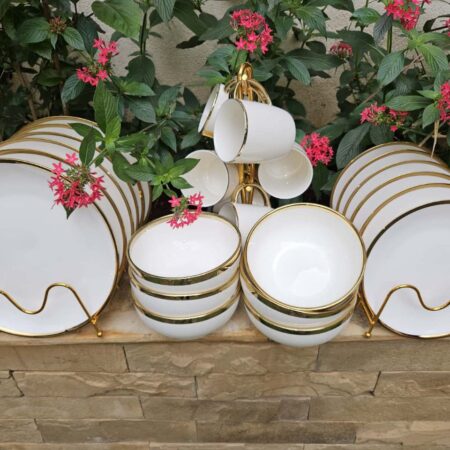 Elegant 24-Piece Ceramic Modern White Gold line Dinner Set